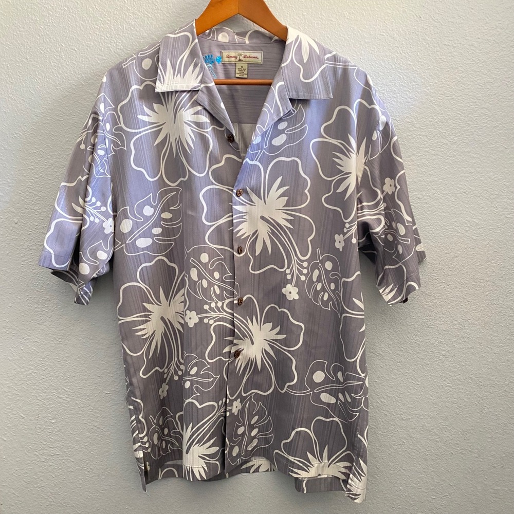 Tommy Bahama Mens Silk Hawaiian‎ Shirt Grey Hibiscus Floral Camp Button Up M